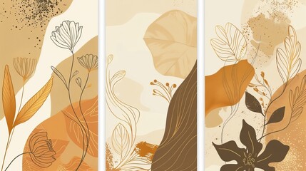 Design elements for labels, frames, wedding invitations, social media, packaging, luxury products, perfume, soap, wine. Line golden backgrounds, floral patterns with leaves.