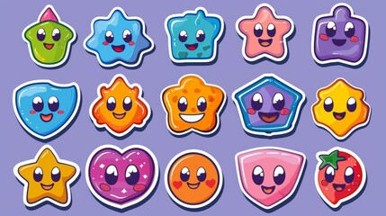 Fun smiling face sticker shape set. Funny comic character art and quote patch bundle. Modern slang word, catchphrase sign, text slogan set.