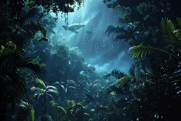 Obraz premium Enchanting underwater scene in a vibrant jungle with a serene ray of sunlight piercing through the dense canopy. Ideal for nature enthusiasts.