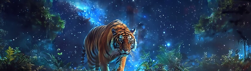 Majestic tiger walking in a magical, starlit forest with a vibrant, starry sky backdrop, blending the wild with a mystical, cosmic atmosphere.