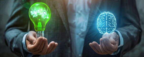 A businessman holding two symbols, one of an green man with lightbulb above head and the other is blue digital brain. The background has soft lighting to highlight their features