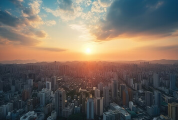 Fototapeta premium Breathtaking Urban Sunset Aerial View of the Cityscape