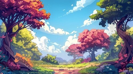 An enchanting cartoon forest land with realistic artwork style, suitable for wallpapers, game backgrounds, and cards. Stock AI.