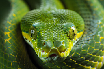 Fototapeta premium A green snake with a yellow stripe on its face