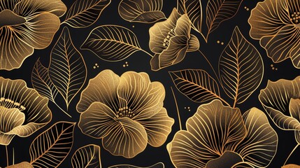 Illustration of artdeco floral pattern, gold flower wallpaper, leaves. Elegant, fancy drawing.