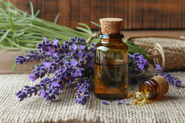 Lavender flowers and a bottle of essential oil on a table