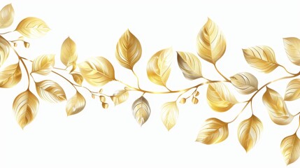 A modern of gold leaves isolated on white background. A wavy drawn line branch, nature, and plants luxury design element.