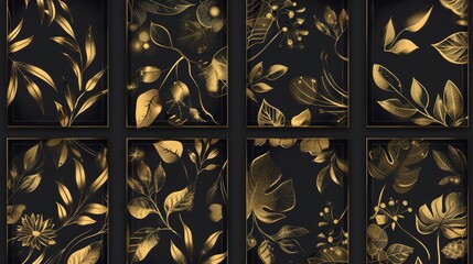 Luxury gold leaf backgrounds, flower patterns, abstract floral cards. Frames, beauty texture templates, plant covers and elegant posters in modern format.