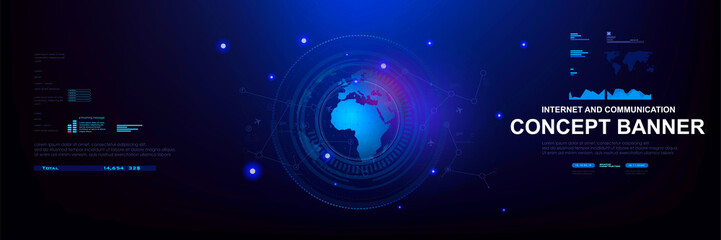 Internet and communications. Concept banner with HUD elements. Globe with information data exchange, connections, world internet technologies and communications. Earth chart interface in HUD style