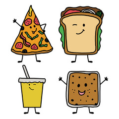Set Funny Fast Food and Drink Characters, Pizza, Smoothie, Sandwich, Toast Colorful Illustration