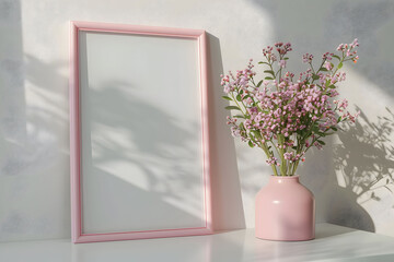 Pink flowers in vase by mirror