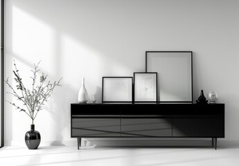 A black and white sideboard with art pieces on it, placed against the wall of an empty room, creating a minimalist design