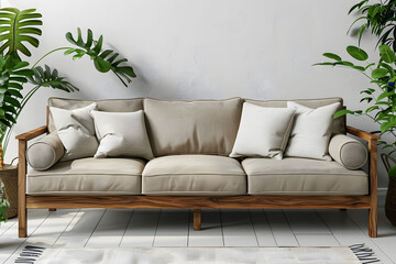 A close up of a couch with pillows and a plant in a room
