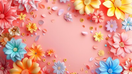 Banner template with colorful 3D flowers for spring sale promos and discounts