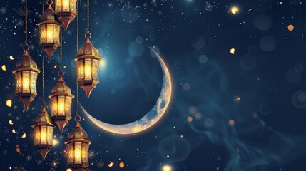 Fototapeta premium Islamic banner template with crescent moon and lantern for Ramadan Kareem illustration