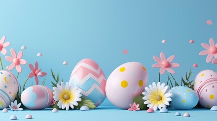 Animated 3D banner celebrating Easter with colorful eggs and flowers