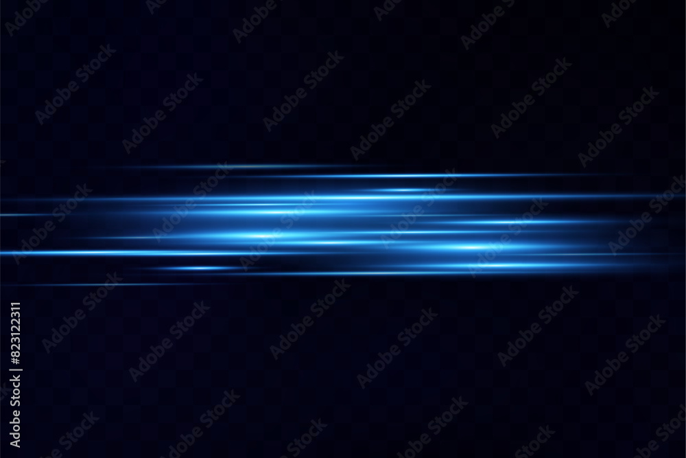 Aufkleber Neon blue horizontal speed lines. Glowing stripes. Laser beams. light lines of movement and speed in neon color.Beautiful flash of light and sparks.	