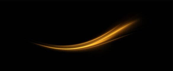 Golden glowing swirl. The effect of moving at the speed of light. Easy trail. Shiny wavy path. Vector.Neon light.	