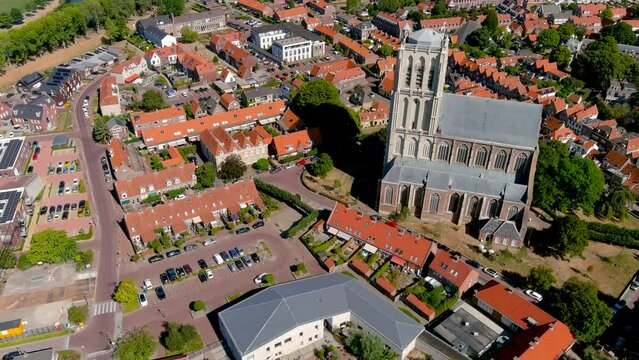 Aerial view of St. Catharijnekerk, St Catherine Church in the fortified city of Brielle, Netherlands.