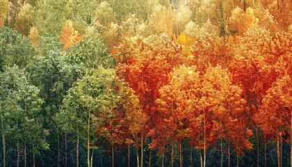 Composite image of trees with vibrant green leaves transitioning to fiery autumn hues