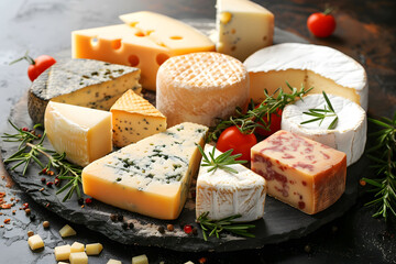 A close up of a plate of cheese with various types of cheese