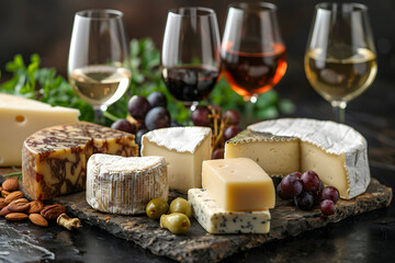 Many different types of cheese and wine on a board