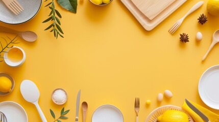 An illustration of a stylish flat lay of culinary tableware with copy space on a modern banner frame