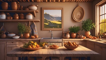 Frame mockup on the wall in a beautiful modern and cozy Boho style kitchen