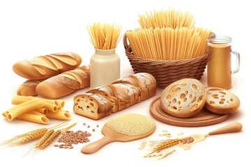 Foods with carbohydrates. Bread, pasta, wheat, cereals. Modern illustration in 3D