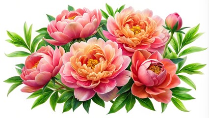 Beautiful set of coral peony flowers and lush green leaves isolated on background
