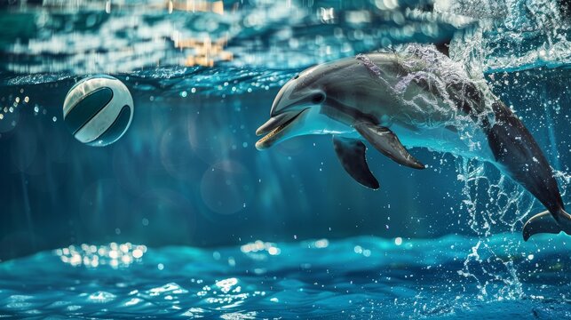 A dolphin gracefully leaps out of the water, playing with a ball.