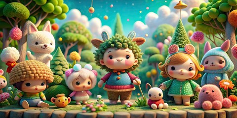Playful and whimsical crafted scene with adorable crafted characters and imaginative elements