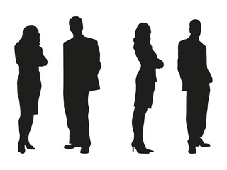 Flat illustration. Black silhouettes of a man and a woman isolated on a white background. Business people...