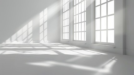 A minimalist white realistic empty room with daylight streaming through the window and shadows cast upon the walls illustration modern