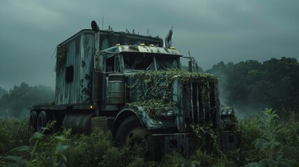 Fototapeta premium A truck is covered in green plants and is parked in a field