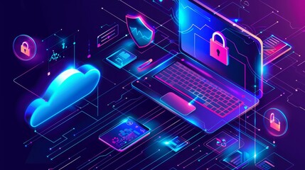 An isometric illustration of a laptop and icons of a padlock, cloud, and shield with a concept of computer security, internet technology. Modern landing page of information protection.