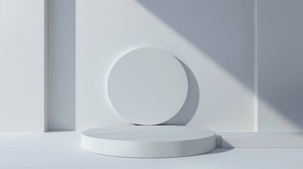 Modern 3D render podium mockup with geometric shapes background, white minimal platform for product presentation