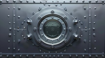 An industrial steel bulletproof doorway with illuminator and rotary lock wheel realistic 3D modern illustration of a ship or secret laboratory.