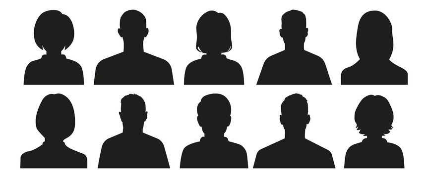 Flat illustration. Ten icons. Black silhouette of men and women. Avatar, user profile, person icon, profile picture. Suitable for social media profiles, icons, screensavers and as a template..