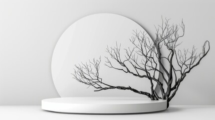 Featuring realistic abstract branches modern on an empty podium template in black and white