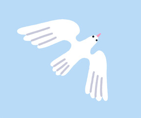 Dove flying in sky. Peaceful free bird spreading wings. Peace, freedom symbol. Calm pigeon in flight, gliding through air, soaring in heaven. Flat vector illustration isolated on white background