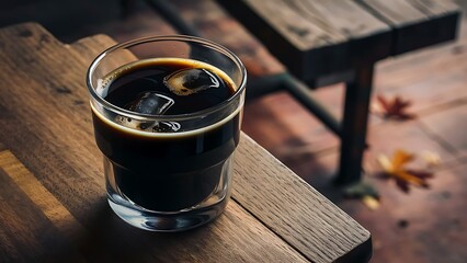 Close up of transparent glass with black coffee and ice cubes stands on table
