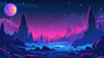 Space background with mountains, rocks, deep clefts, and stars shining in space. Backdrop for video game, parallax effect cartoon illustration.
