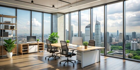 Naklejka premium Modern office interior with blank poster, large windows, and workspace overlooking Bangkok cityscape