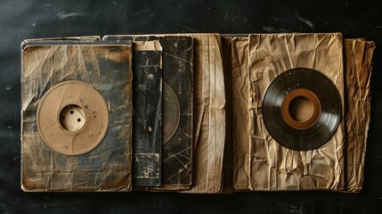 Paper CD sleeves collection with dirt and wear isolated on black background