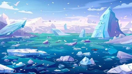 The plastic ocean pollution, Arctic trash cartoon banner. Dirty, polluted sea water with glaciers and floats of garbage. Saving nature, Earth planet waste contamination modern illustration.