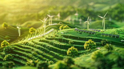 Model of landscape grass green plants trees solar panels wind turbines and mountains
