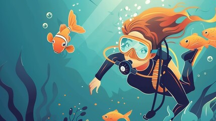 In this banner, a woman scuba diver is swimming under water with a goldfish. Modern illustration of a girl in diving suit and mask swimming underwater with a golden fish.