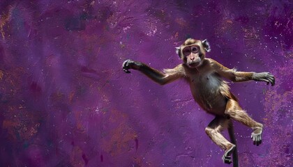 A monkey is jumping in mid-air against a purple background.