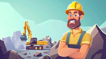 In this quarry services poster, an engineer wears a helmet, a dumper and an excavator are working in an opencast mine. Modern banners showing a cartoon illustration of an engineer and machinery in a